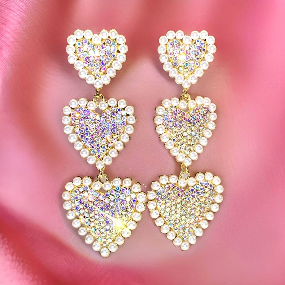 New Heart‎ Rhinestone Iridsecent Pearl Long Drag Pageant Earrings Formal Prom